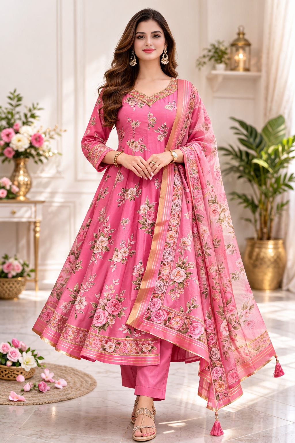 Pink Umbrella Salwar Suit Set with Dupatta
