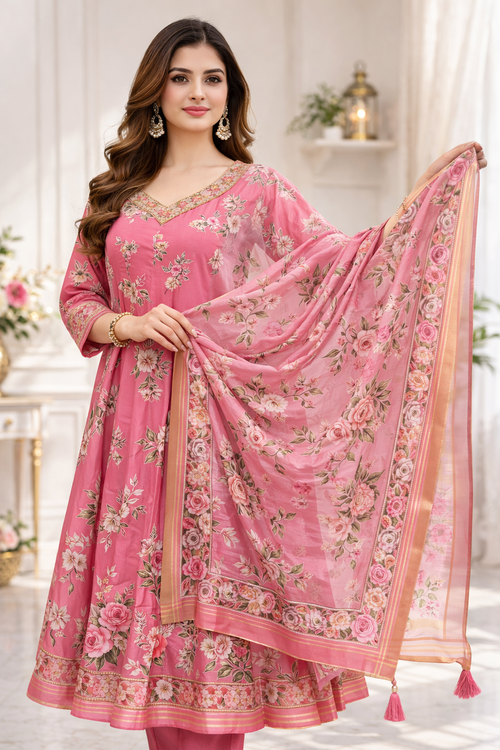 Pink Umbrella Salwar Suit Set with Dupatta