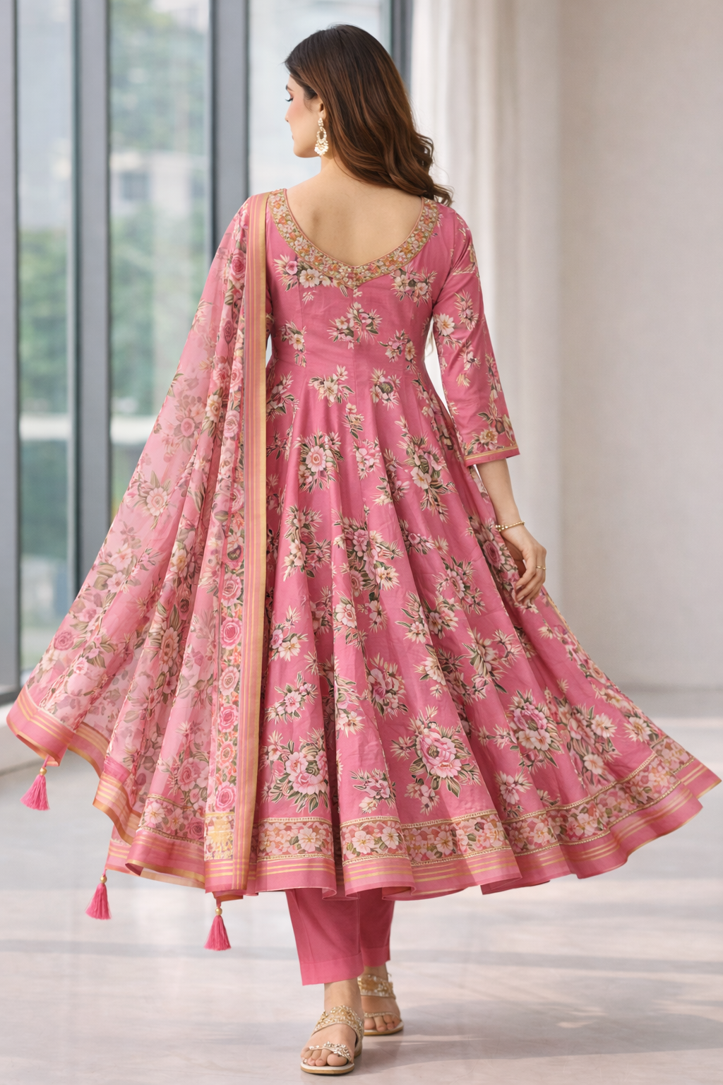 Pink Umbrella Salwar Suit Set with Dupatta