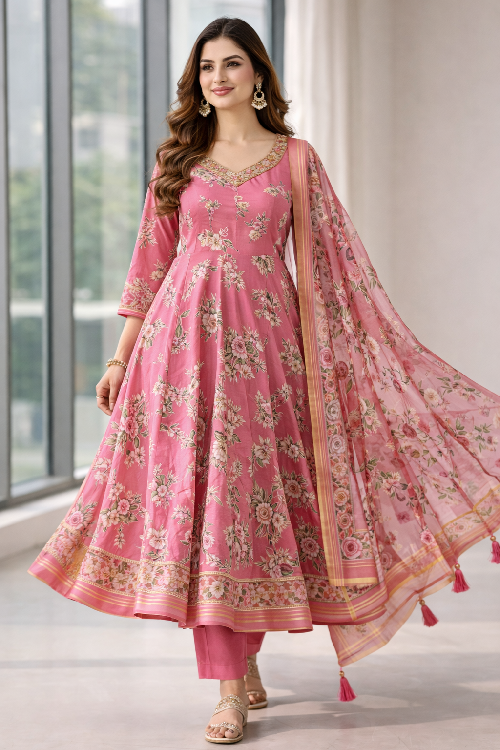 Pink Umbrella Salwar Suit Set with Dupatta