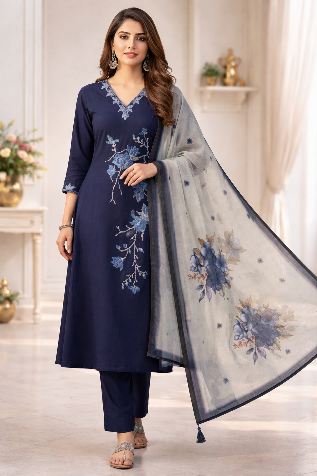 Navy Blue Embroidered Salwar Suit Set with Dupatta