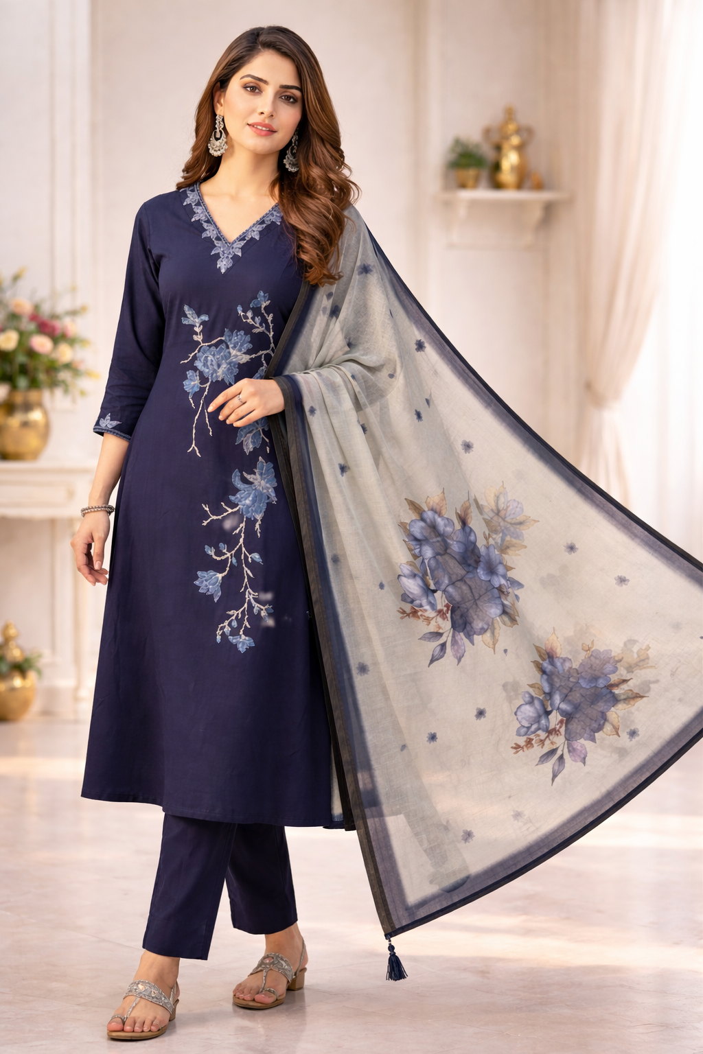 Navy Blue Embroidered Salwar Suit Set with Dupatta