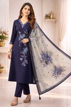 Navy Blue Embroidered Salwar Suit Set with Dupatta