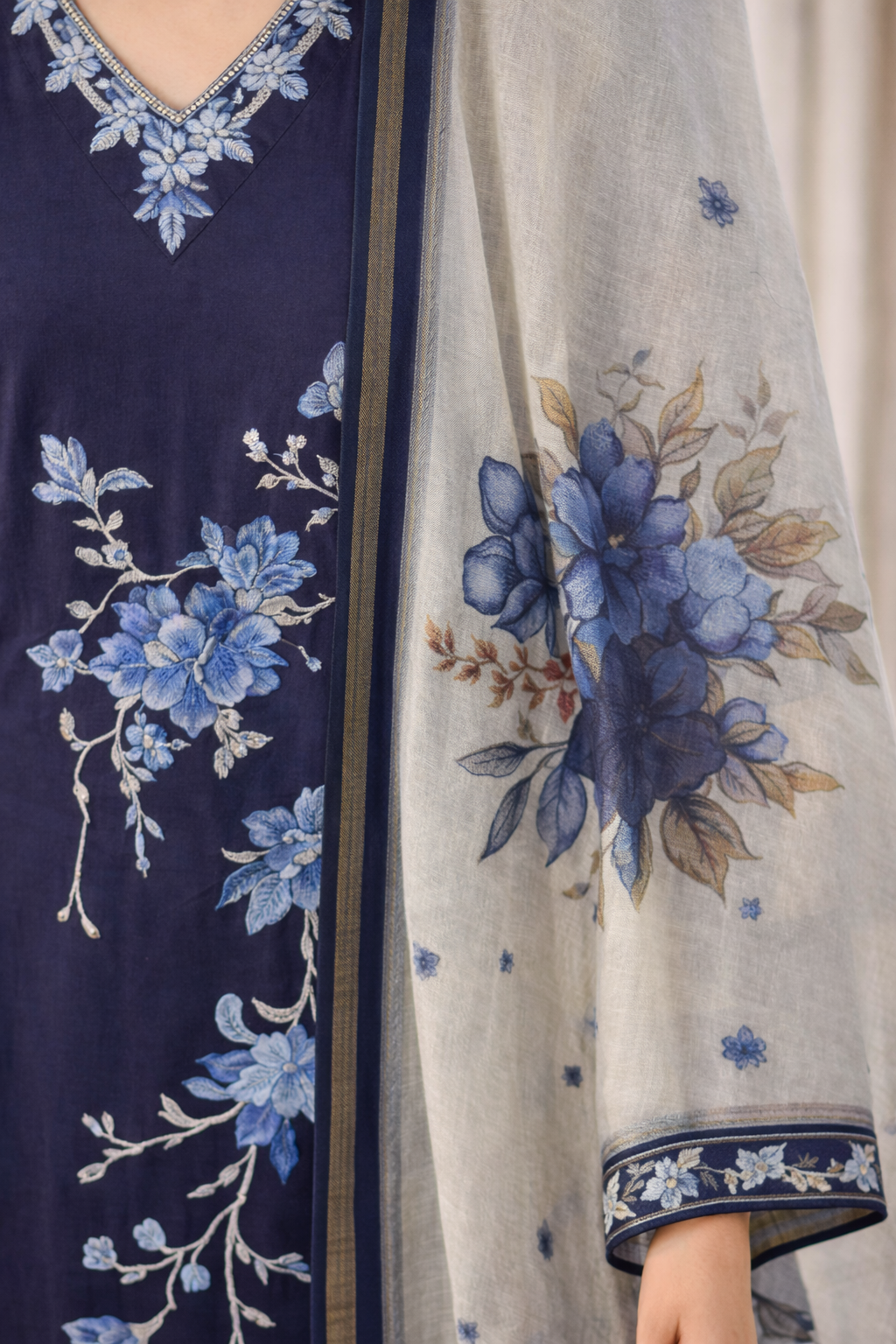 Navy Blue Embroidered Salwar Suit Set with Dupatta