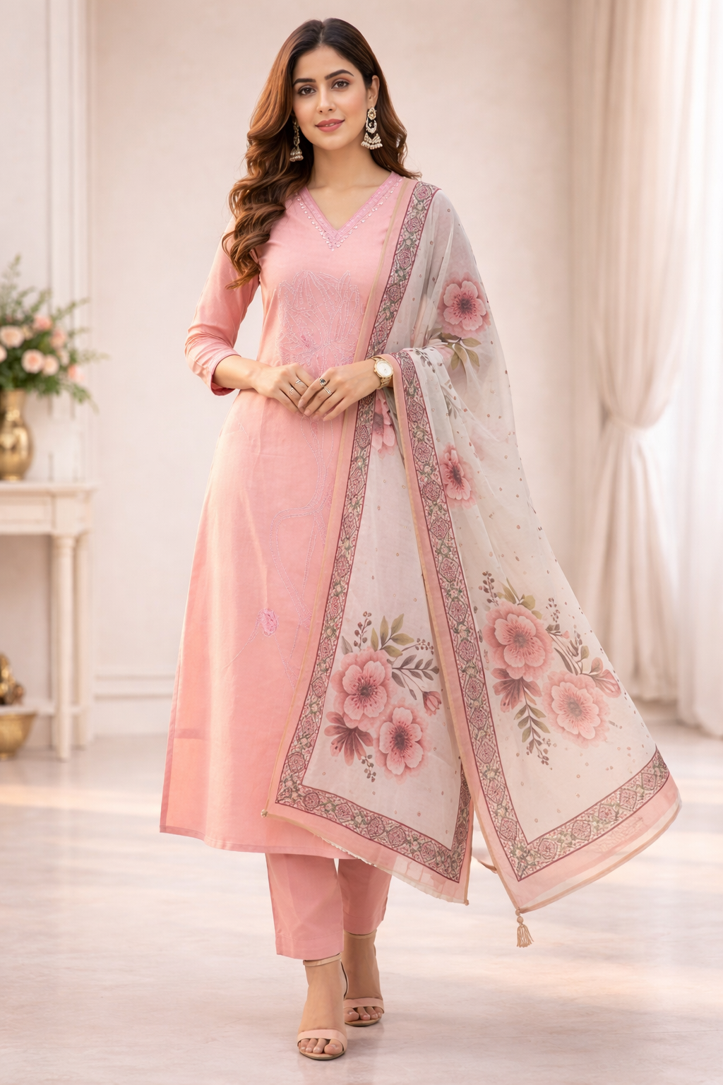 Peach Umbrella Salwar Suit Set with Floral Dupatta