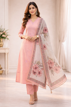 Peach Umbrella Salwar Suit Set with Floral Dupatta