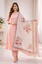 Peach Umbrella Salwar Suit Set with Floral Dupatta