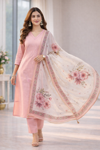 Peach Umbrella Salwar Suit Set with Floral Dupatta