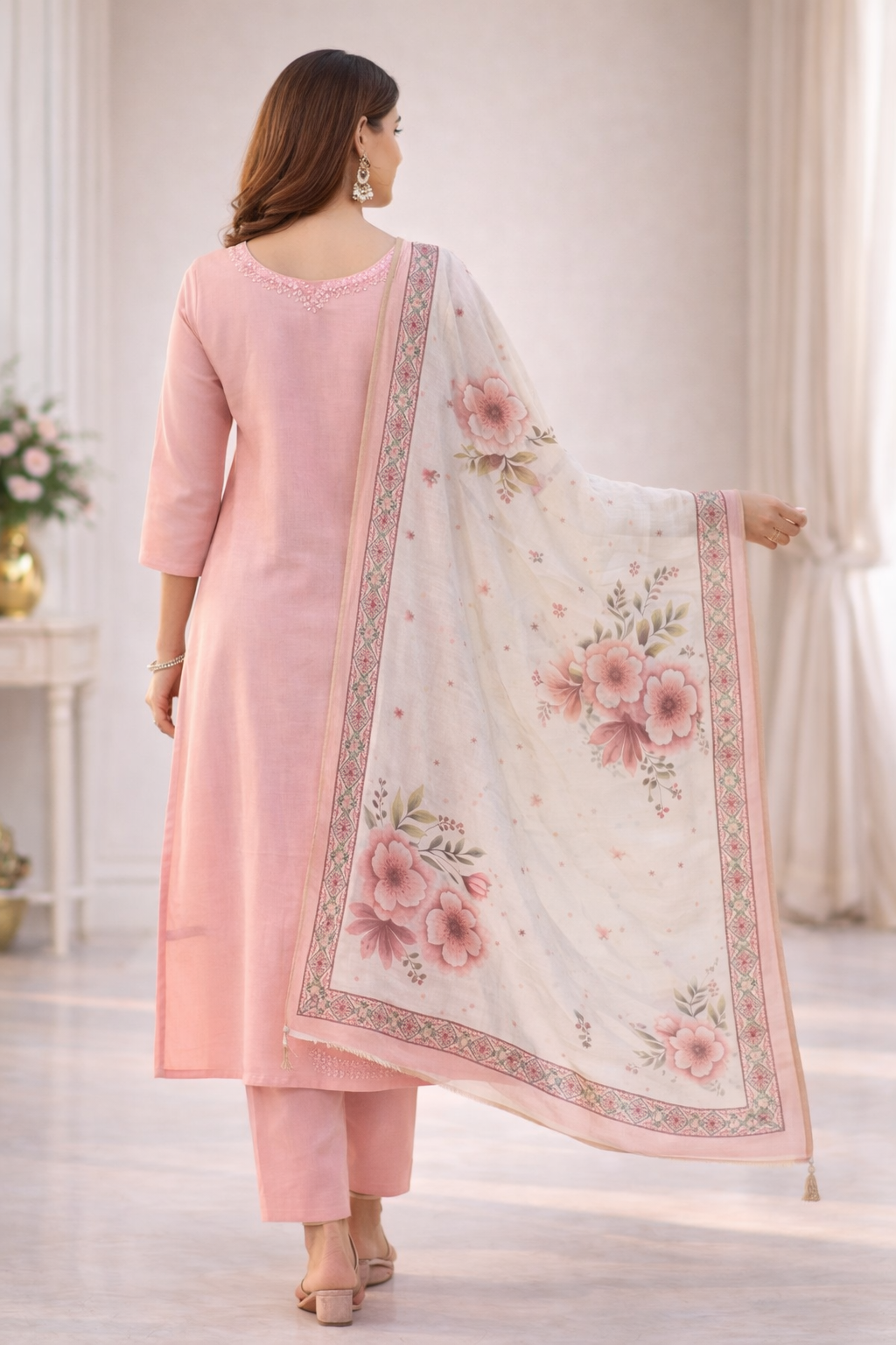 Peach Umbrella Salwar Suit Set with Floral Dupatta