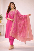 Pink Aari Work Salwar Suit Set with Dupatta
