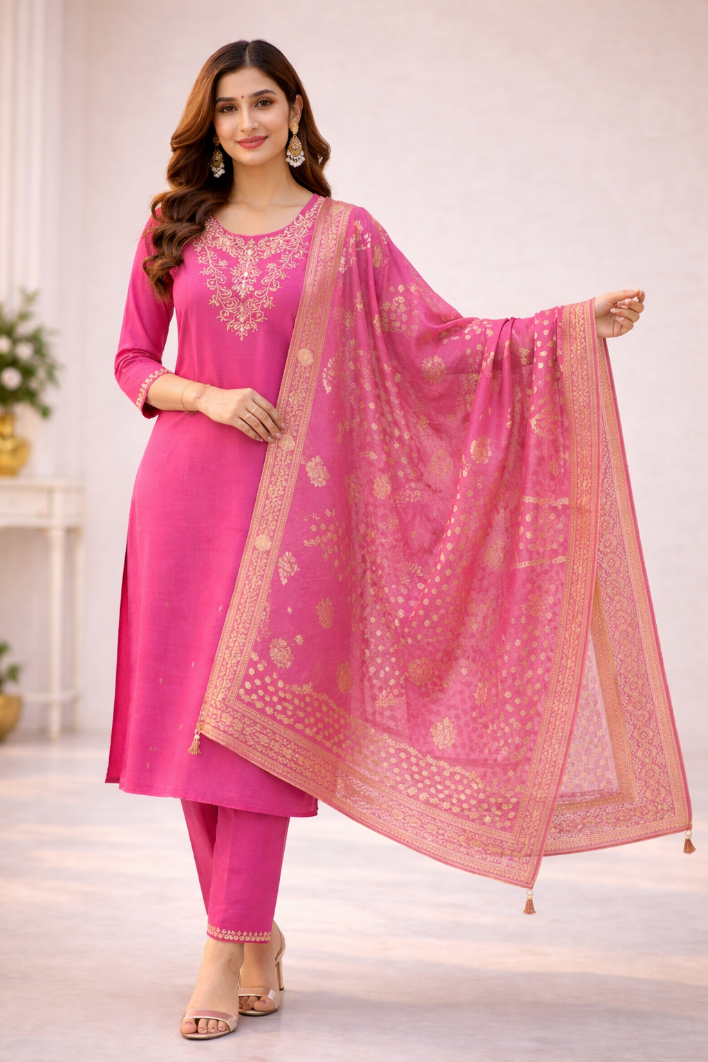 Pink Aari Work Salwar Suit Set with Dupatta