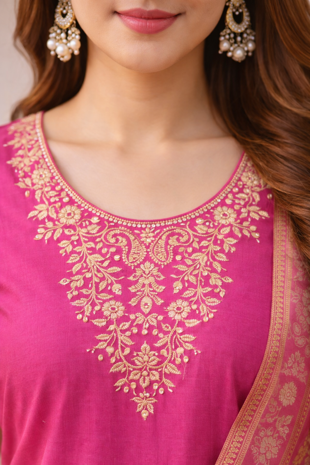 Pink Aari Work Salwar Suit Set with Dupatta