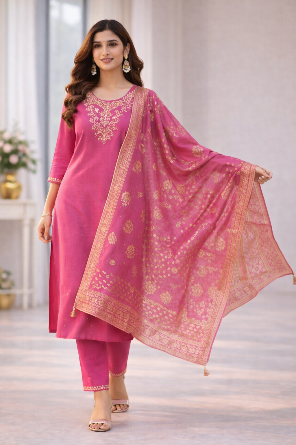 Pink Aari Work Salwar Suit Set with Dupatta