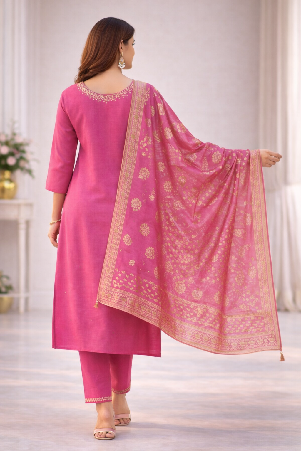 Pink Aari Work Salwar Suit Set with Dupatta