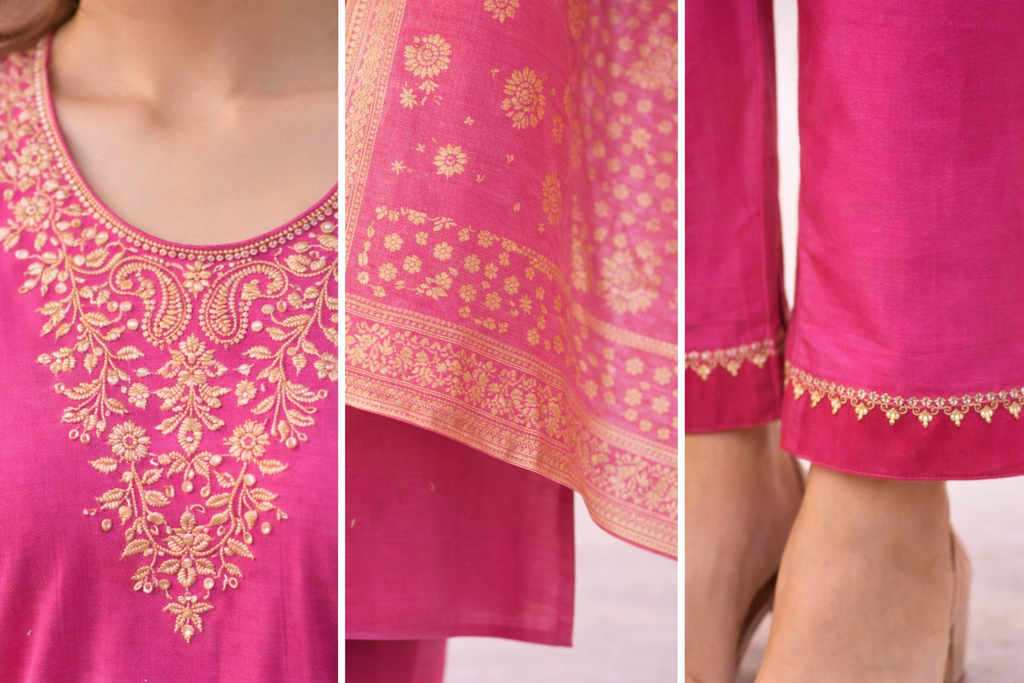 Pink Aari Work Salwar Suit Set with Dupatta