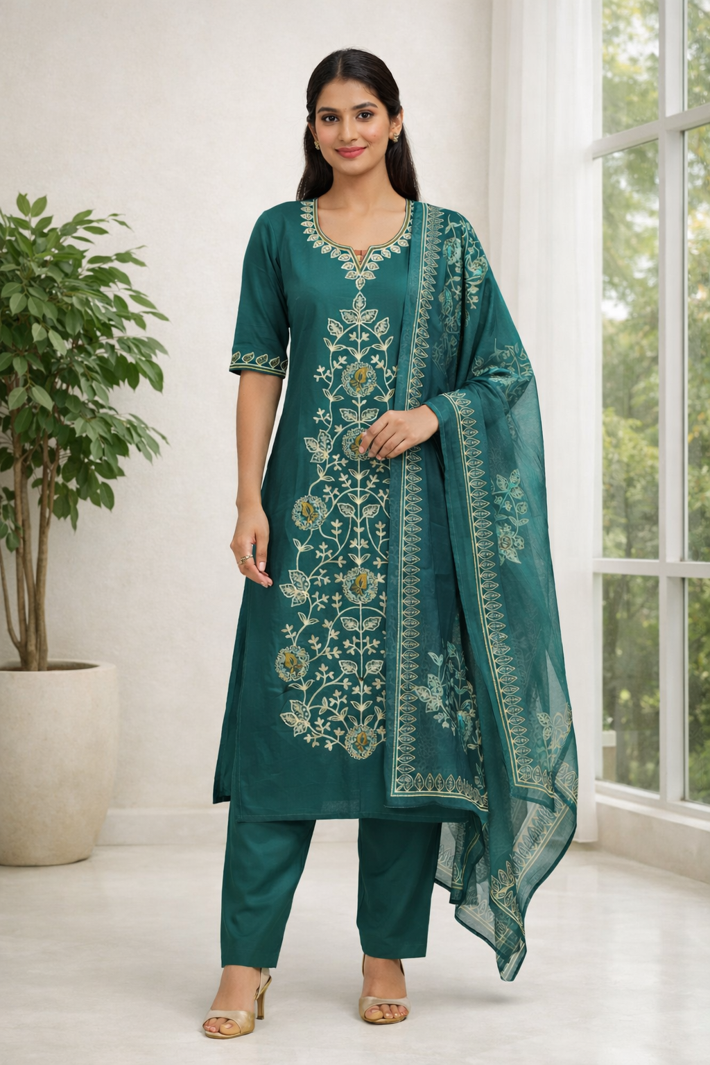 Elegant Green Gadwal Fabric Salwar Suit with Dupatta