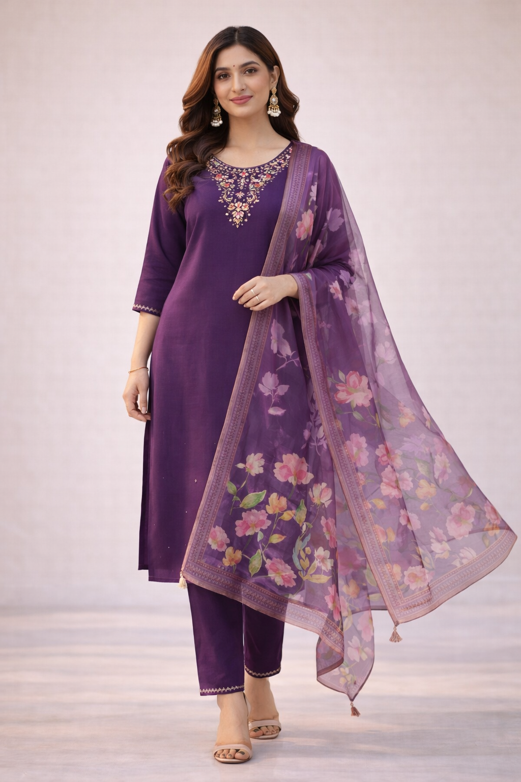 Violet Aari Work Salwar Suit Set with Floral Dupatta