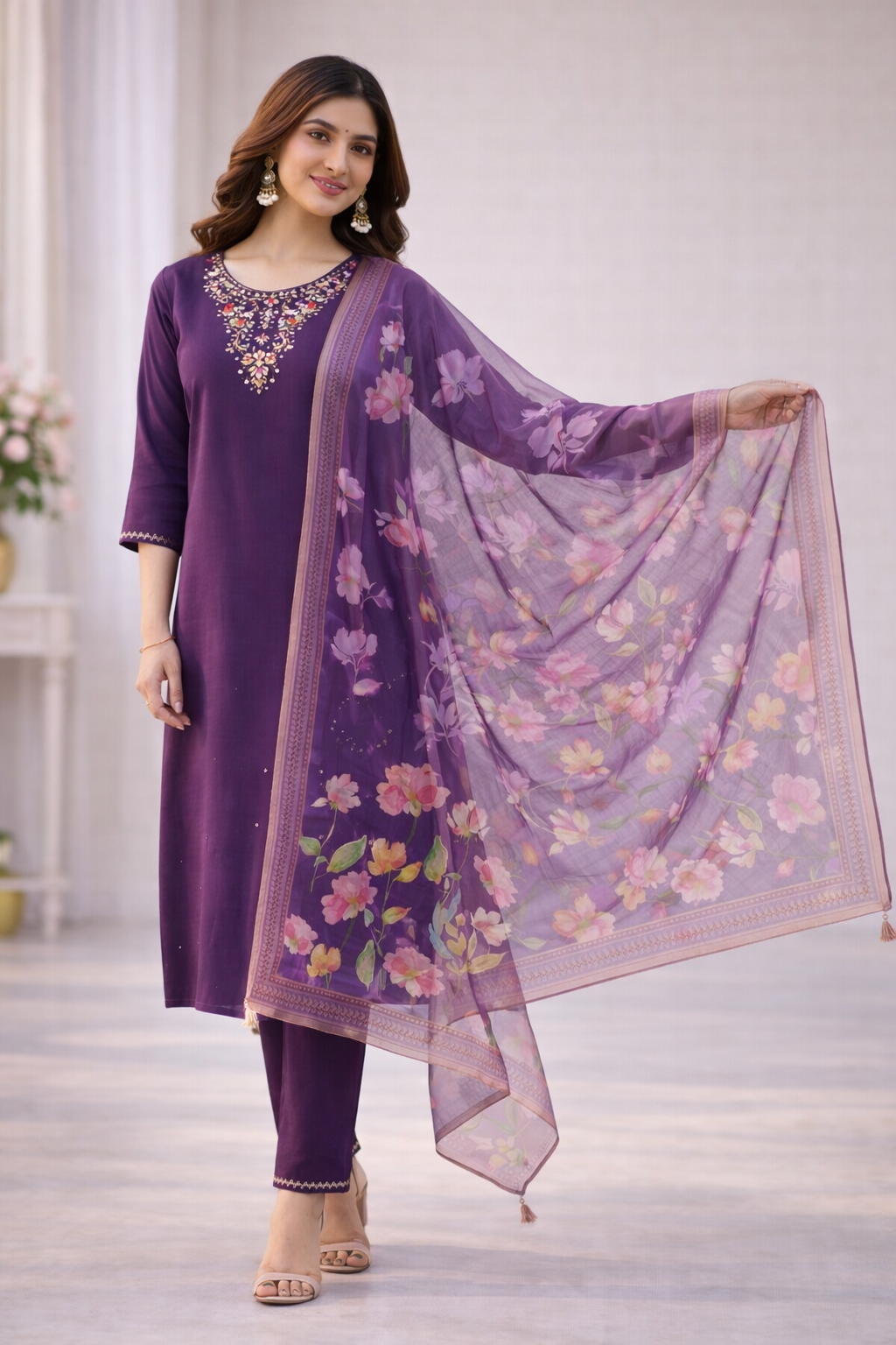 Violet Aari Work Salwar Suit Set with Floral Dupatta