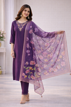 Violet Aari Work Salwar Suit Set with Floral Dupatta