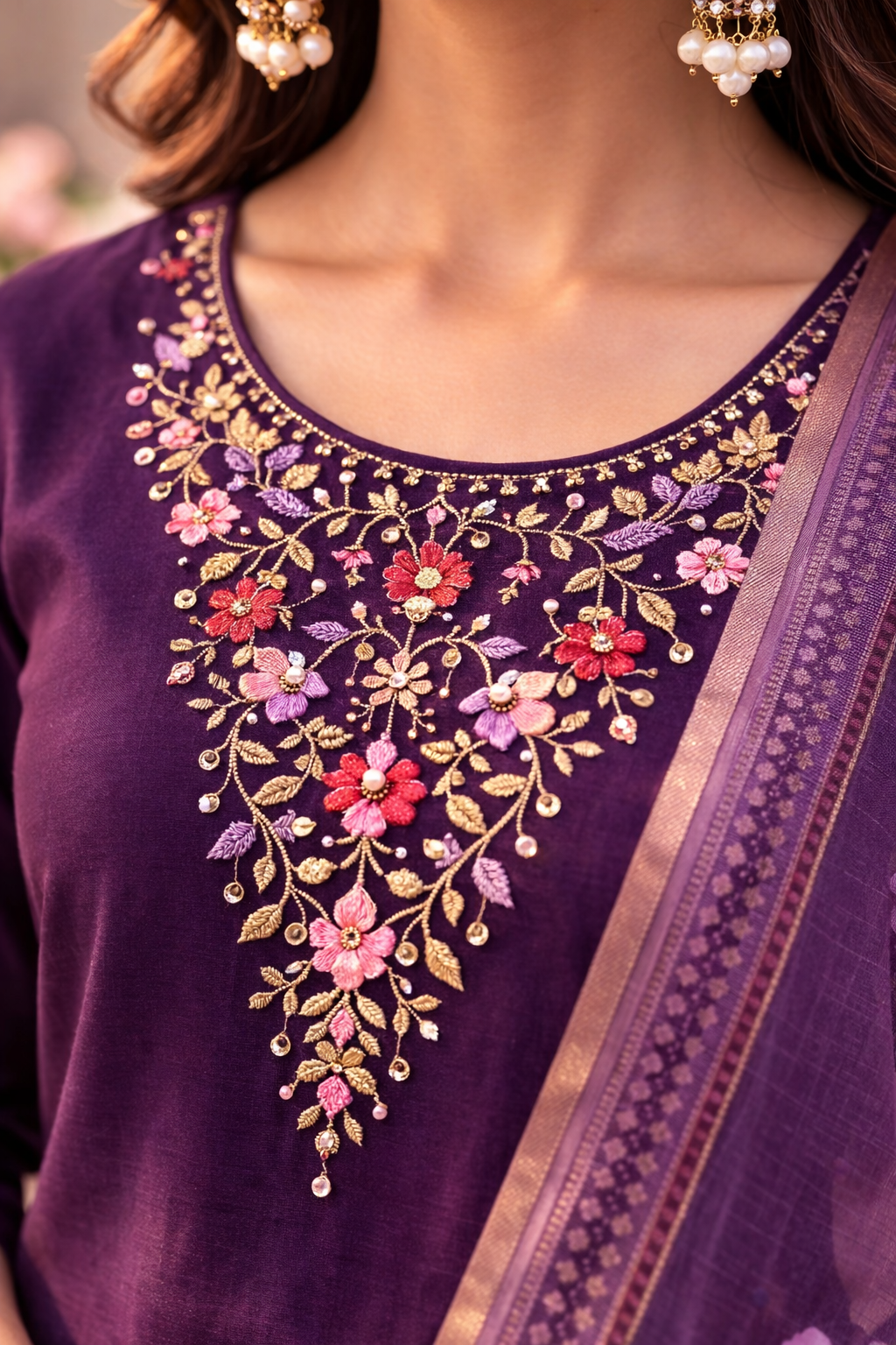 Violet Aari Work Salwar Suit Set with Floral Dupatta