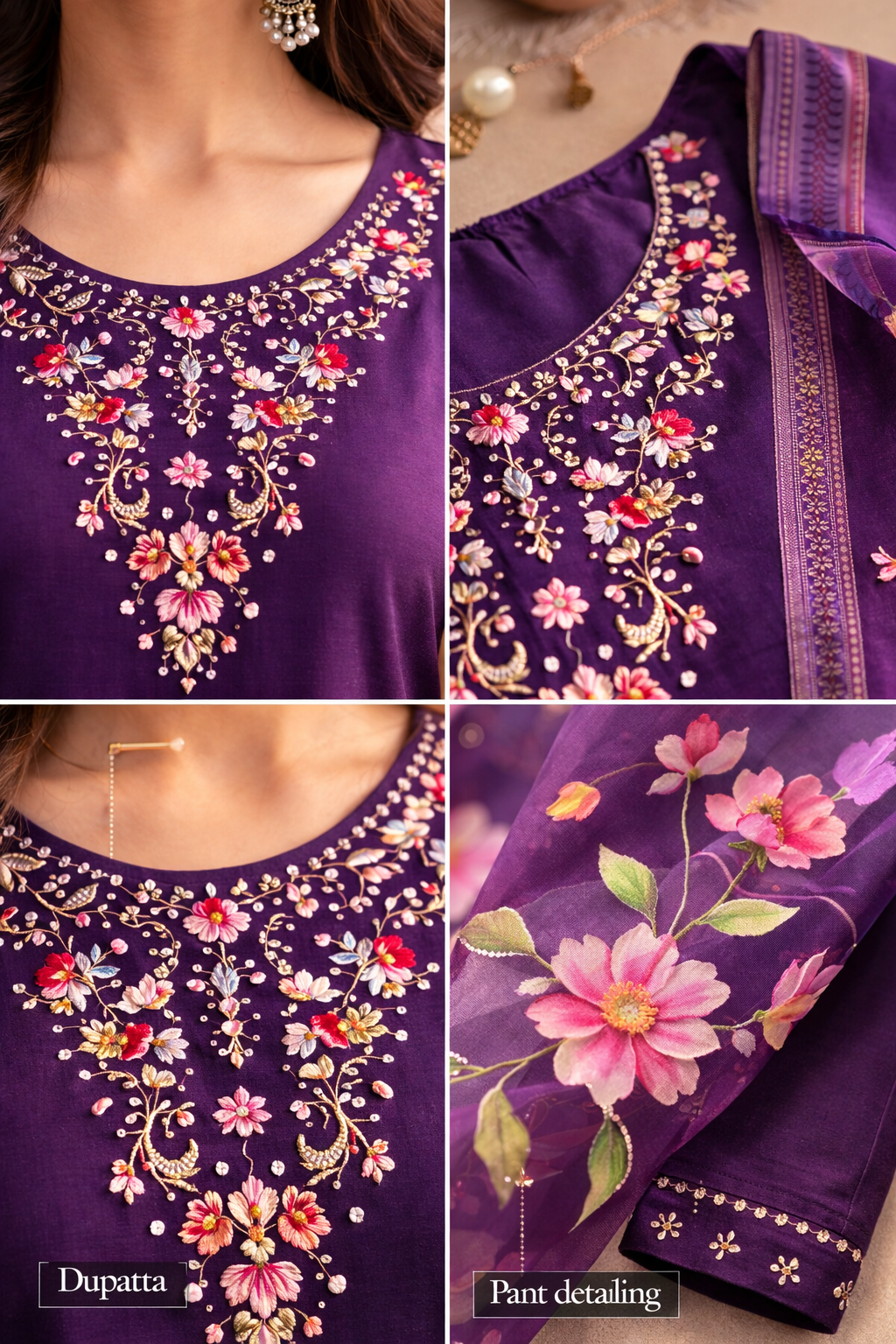 Violet Aari Work Salwar Suit Set with Floral Dupatta