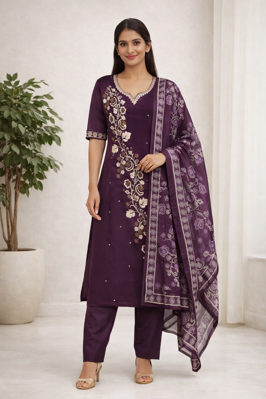 Royal Purple Gadwal Fabric Salwar Suit Set with Dupatta