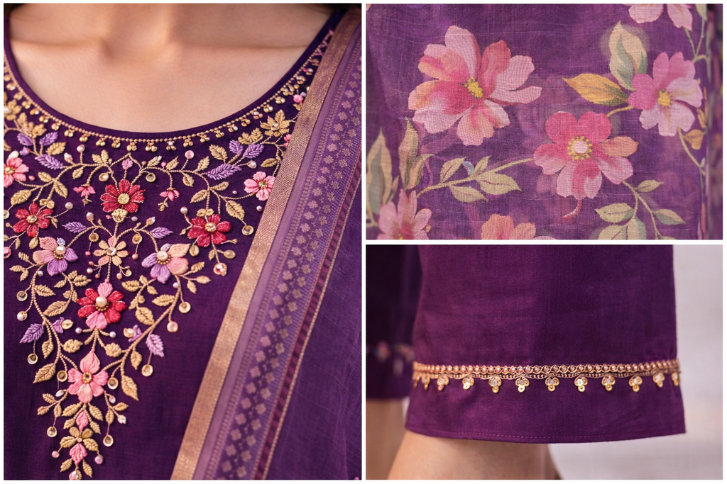 Violet Aari Work Salwar Suit Set with Floral Dupatta