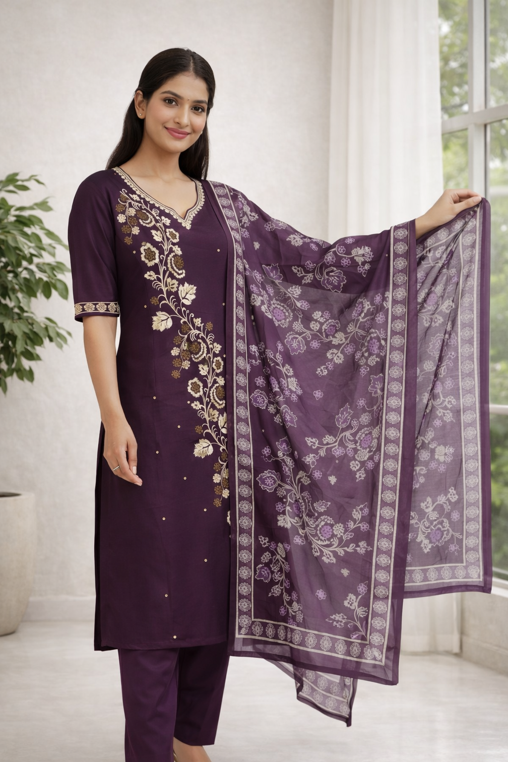 Royal Purple Gadwal Fabric Salwar Suit Set with Dupatta