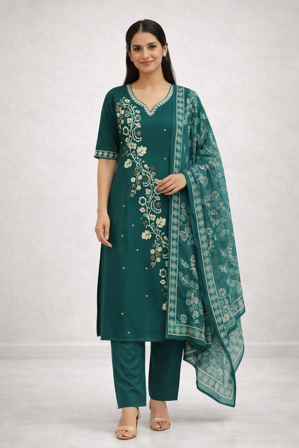 Elegant Green Gadwal Fabric Salwar Suit Set with Dupatta