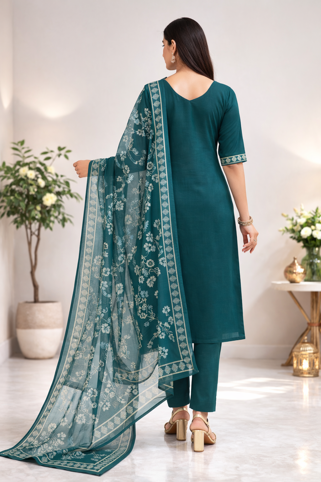 Elegant Green Gadwal Fabric Salwar Suit Set with Dupatta