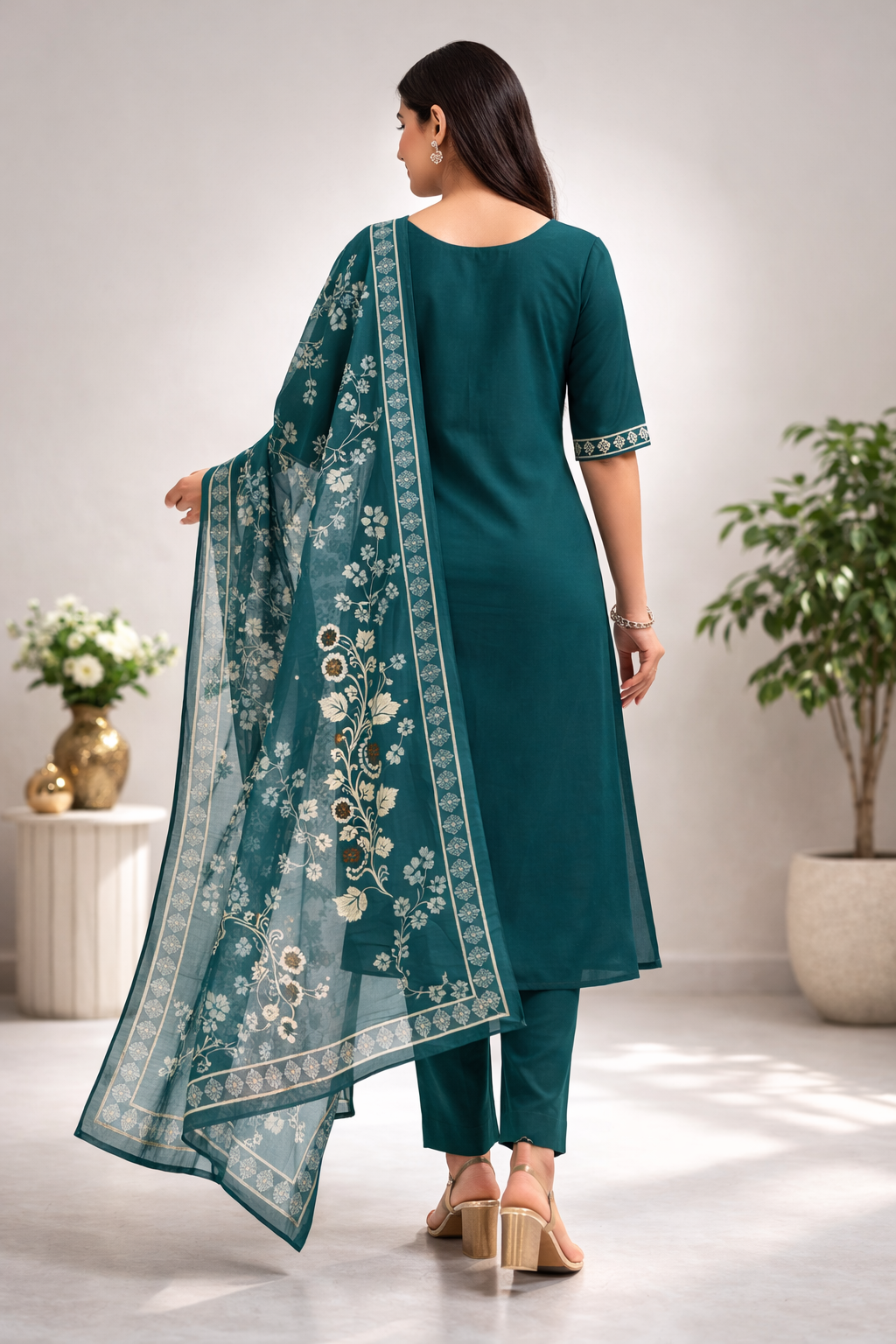 Elegant Green Gadwal Fabric Salwar Suit Set with Dupatta