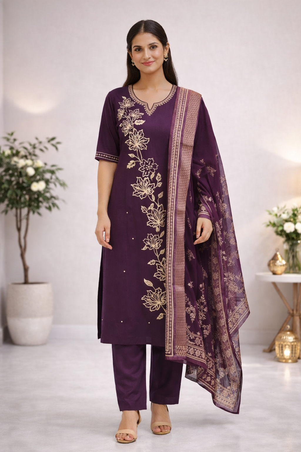 Premium Purple Gadwal Fabric Salwar Suit Set with Dupatta