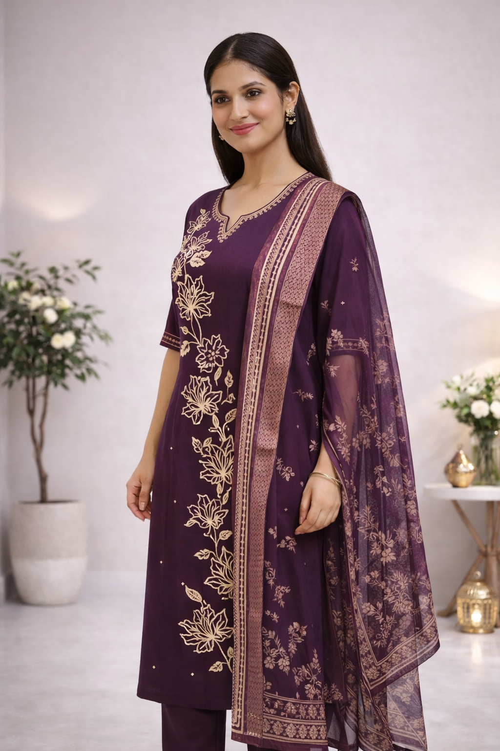 Premium Purple Gadwal Fabric Salwar Suit Set with Dupatta