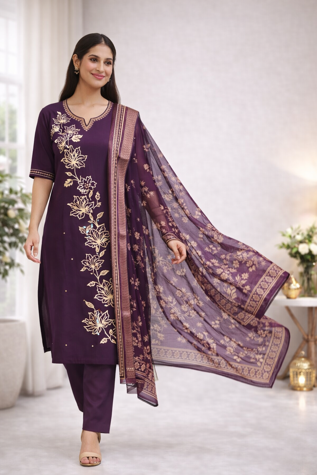 Premium Purple Gadwal Fabric Salwar Suit Set with Dupatta