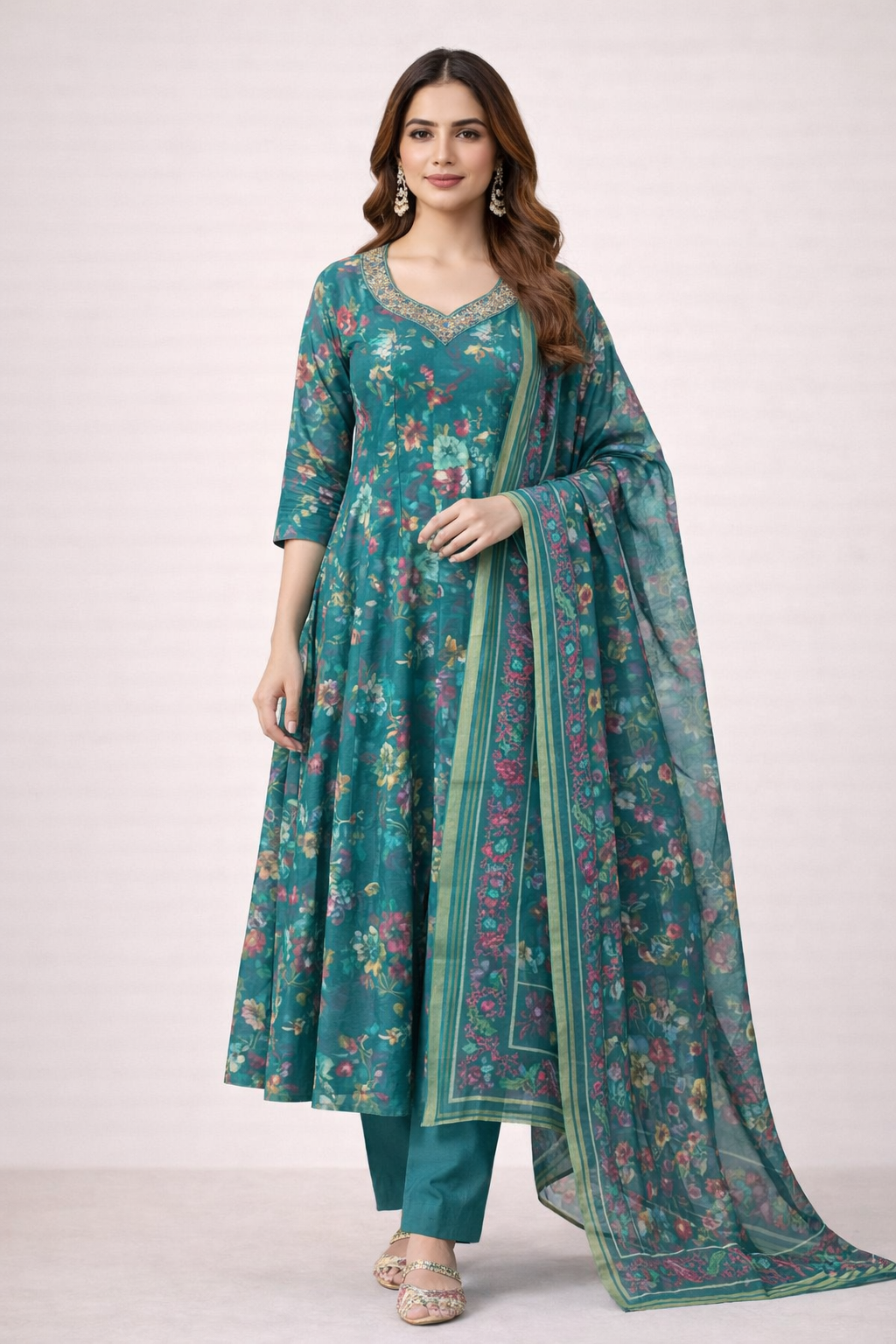 Teal Green Floral Vatican Fabric Salwar Suit Set