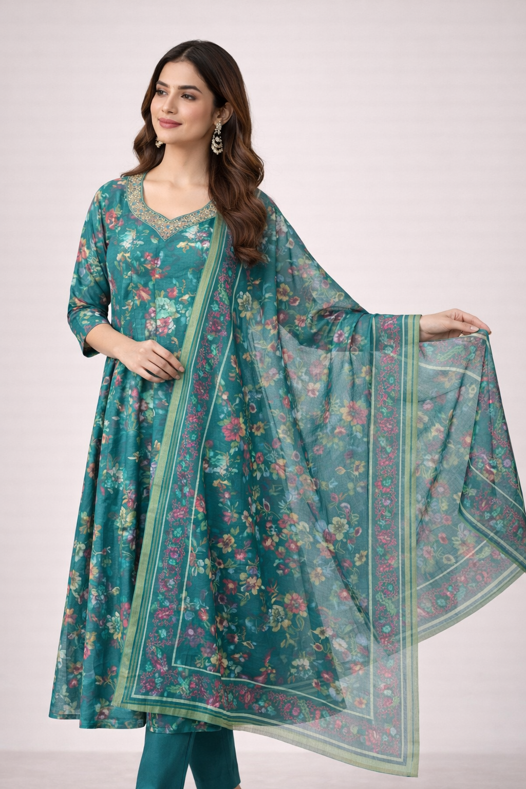 Teal Green Floral Vatican Fabric Salwar Suit Set