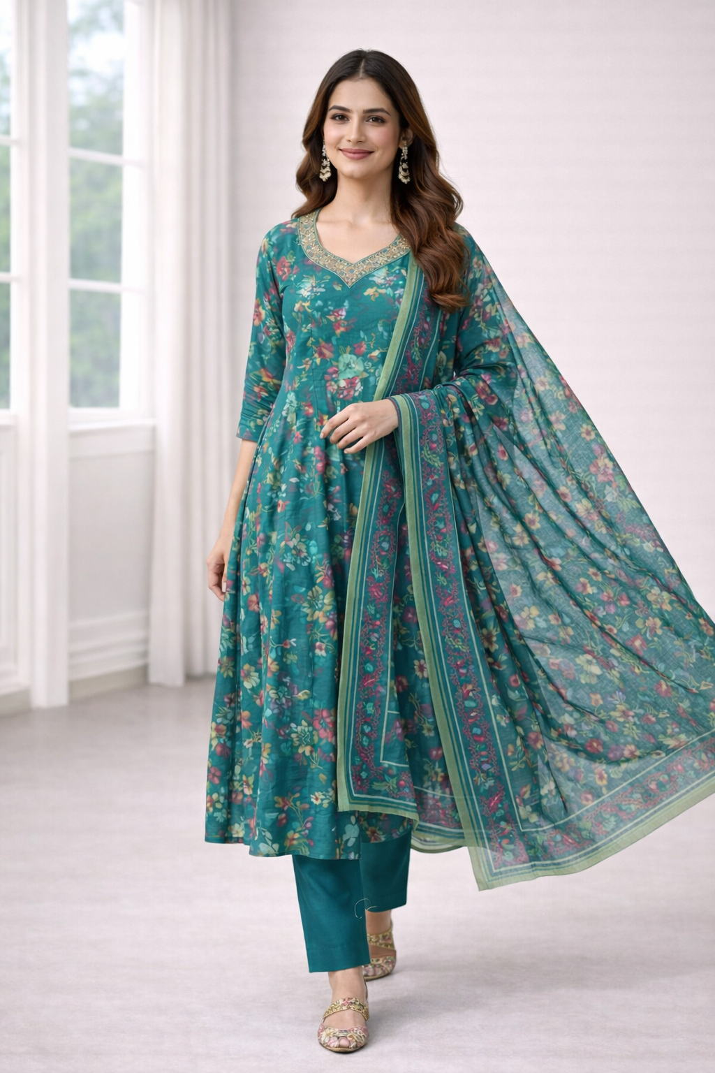 Teal Green Floral Vatican Fabric Salwar Suit Set