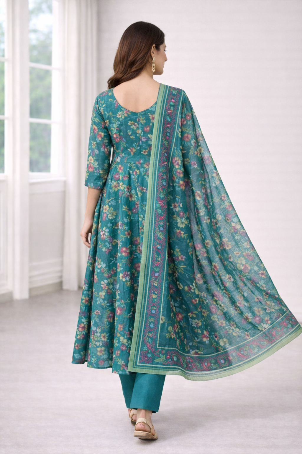 Teal Green Floral Vatican Fabric Salwar Suit Set