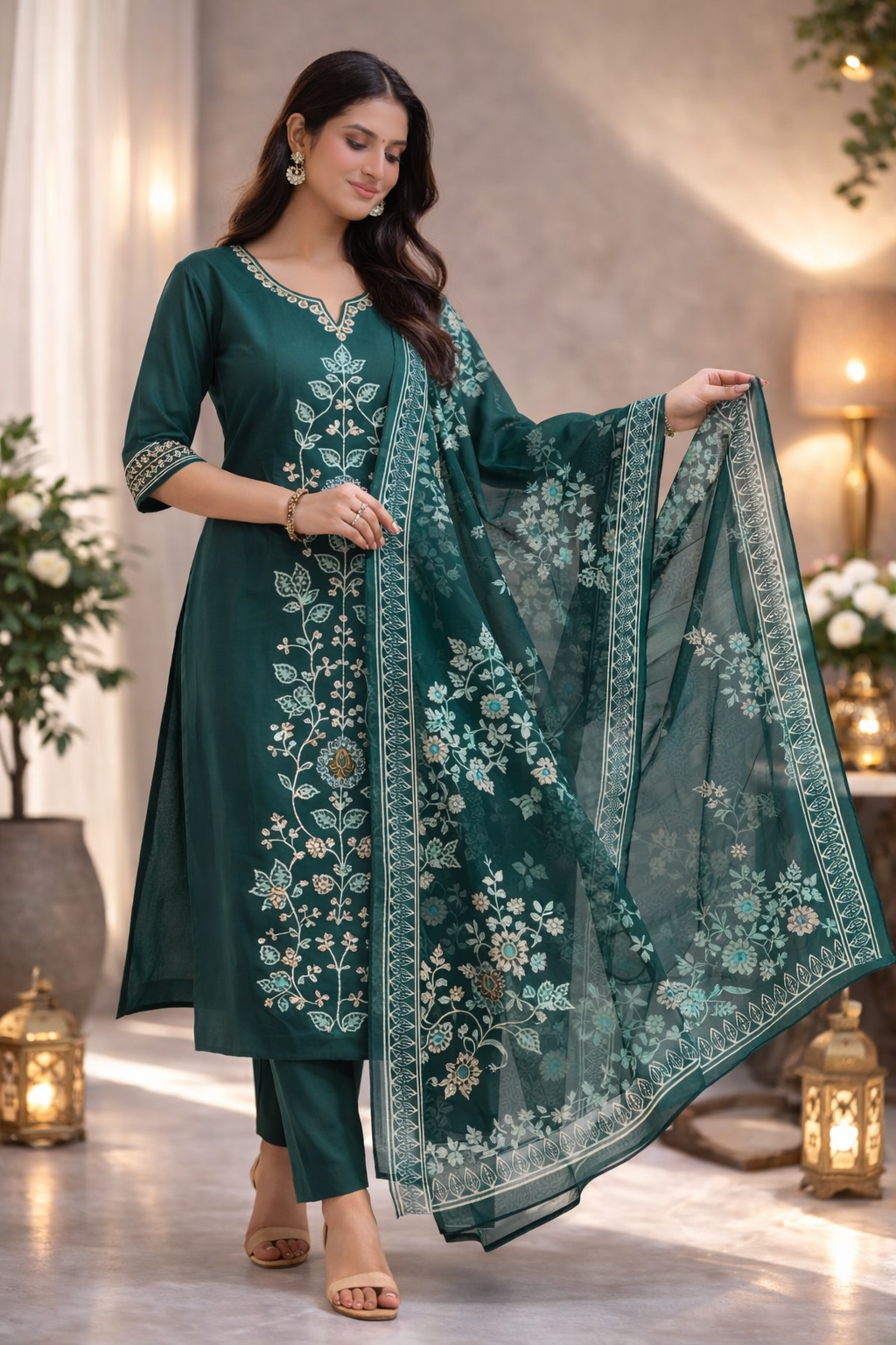 Emerald Green Embroidered Kurta Pant Set with Dupatta