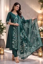 Emerald Green Embroidered Kurta Pant Set with Dupatta