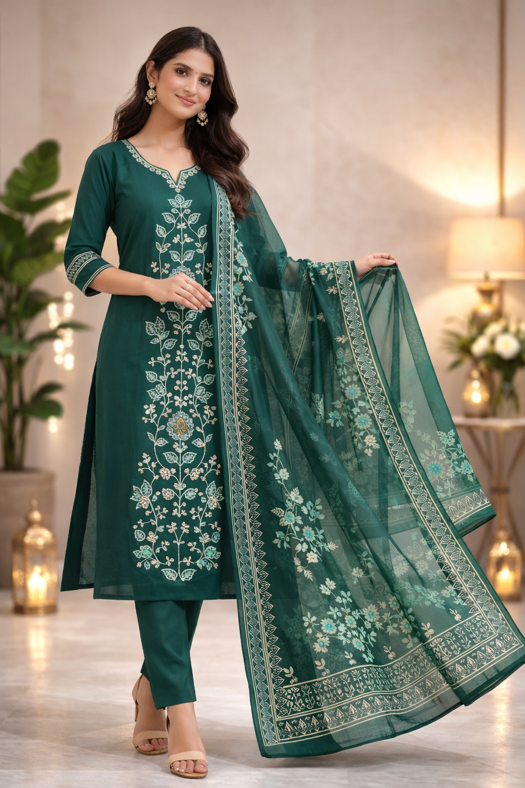 Emerald Green Embroidered Kurta Pant Set with Dupatta