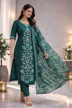 Emerald Green Embroidered Kurta Pant Set with Dupatta