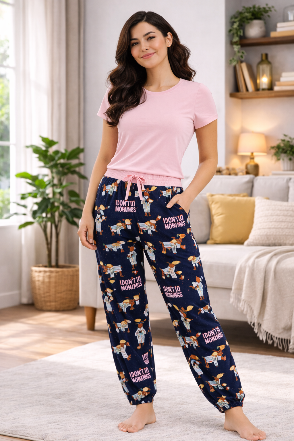 Navy Blue Printed Ladies Track Pant – Cotton Lycra, Elastic Waist with Pocket