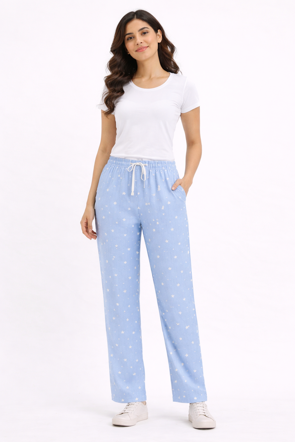 Light Blue Printed Ladies Track Pant – Cotton Lycra, Elastic Waist with Pocket