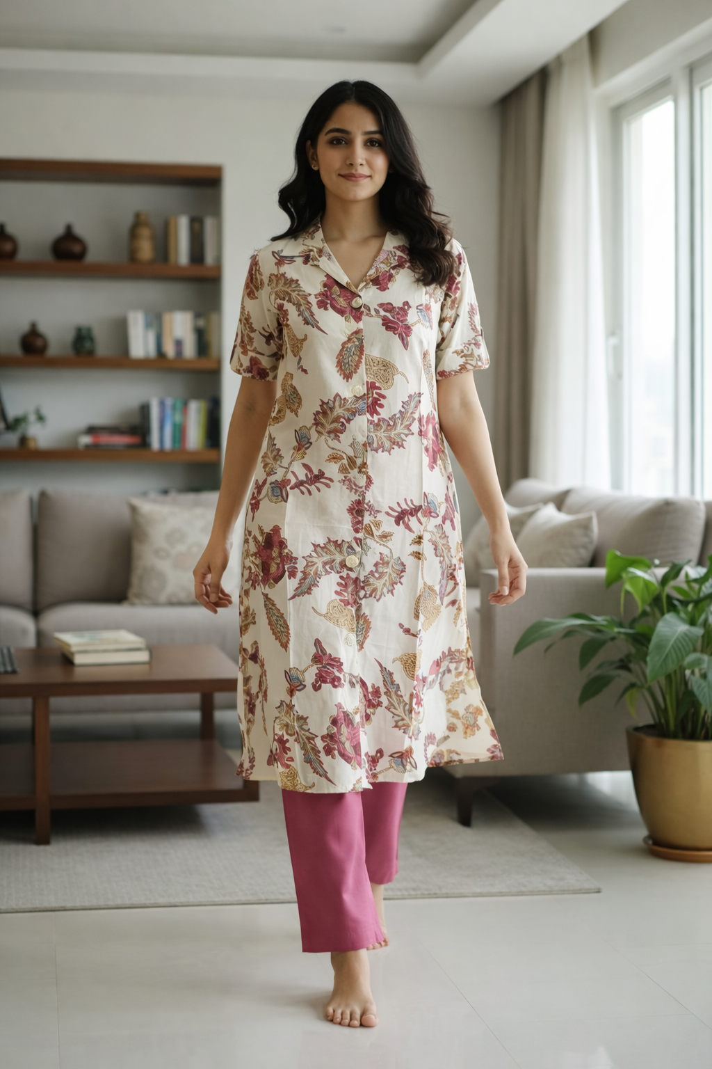 Floral Printed Vatican Co-Ord Set – Collar Neck Straight Pant Regular Wear Set