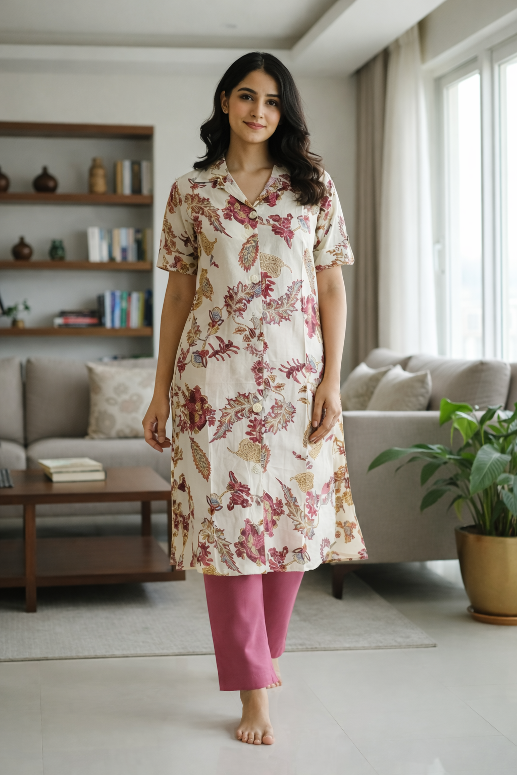 Floral Printed Vatican Co-Ord Set – Collar Neck Straight Pant Regular Wear Set