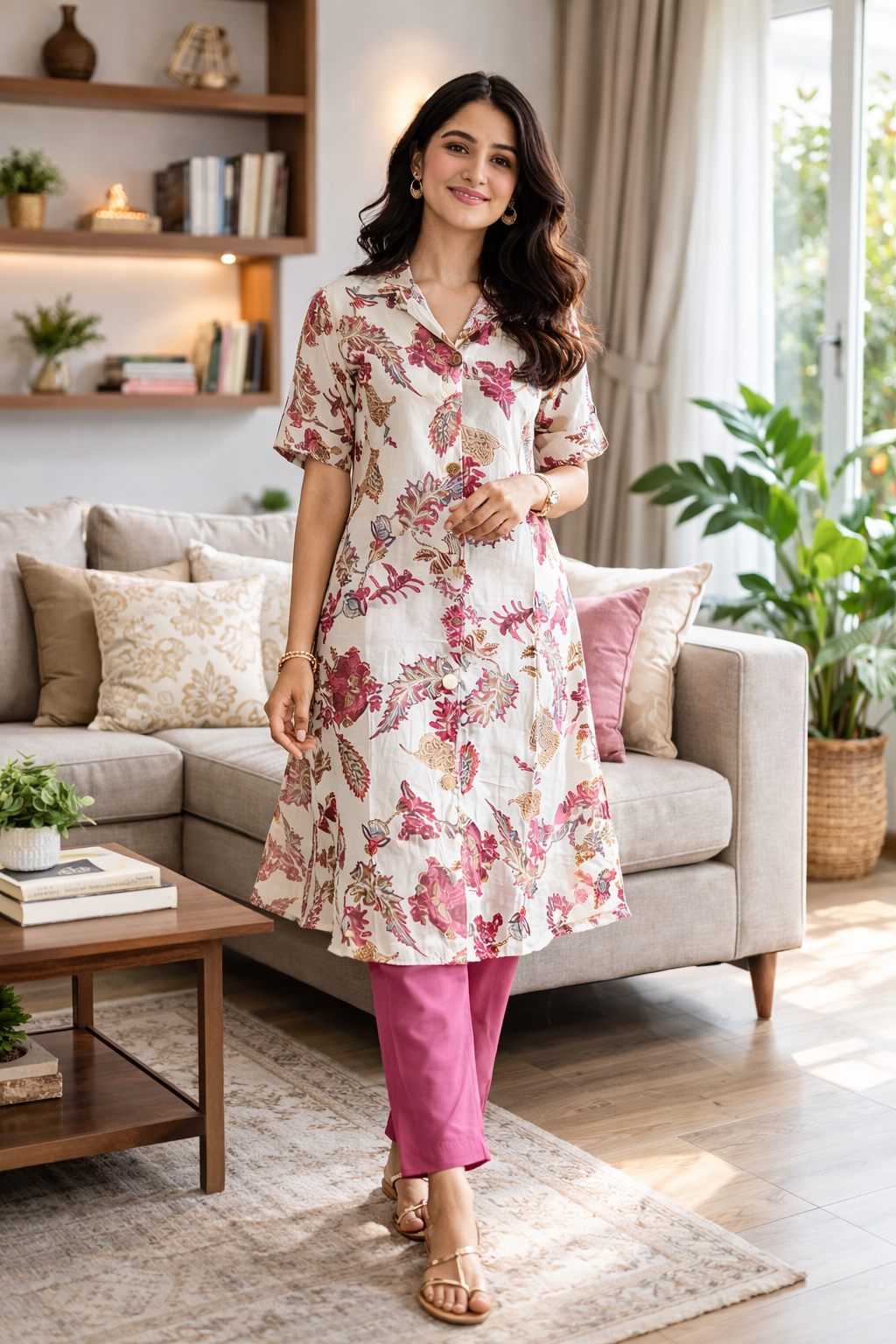 Floral Printed Vatican Co-Ord Set – Collar Neck Straight Pant Regular Wear Set