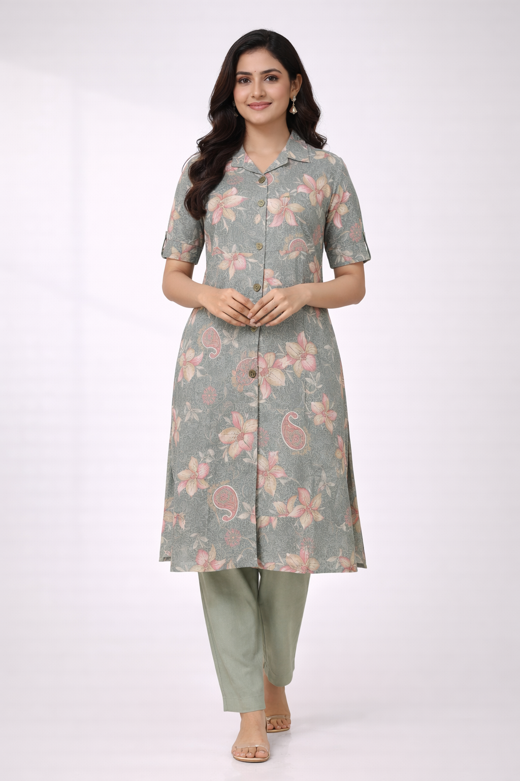 Grey Floral Printed Co-Ord Set – Collar Neck Straight Pant Casual Wear