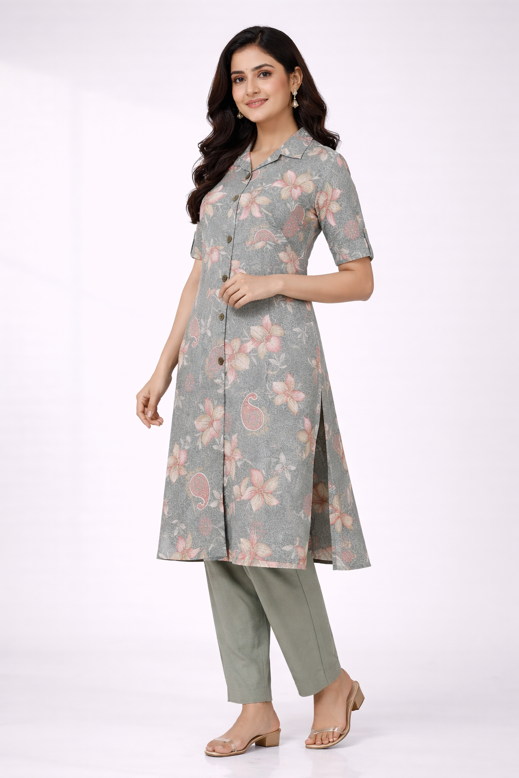 Grey Floral Printed Co-Ord Set – Collar Neck Straight Pant Casual Wear
