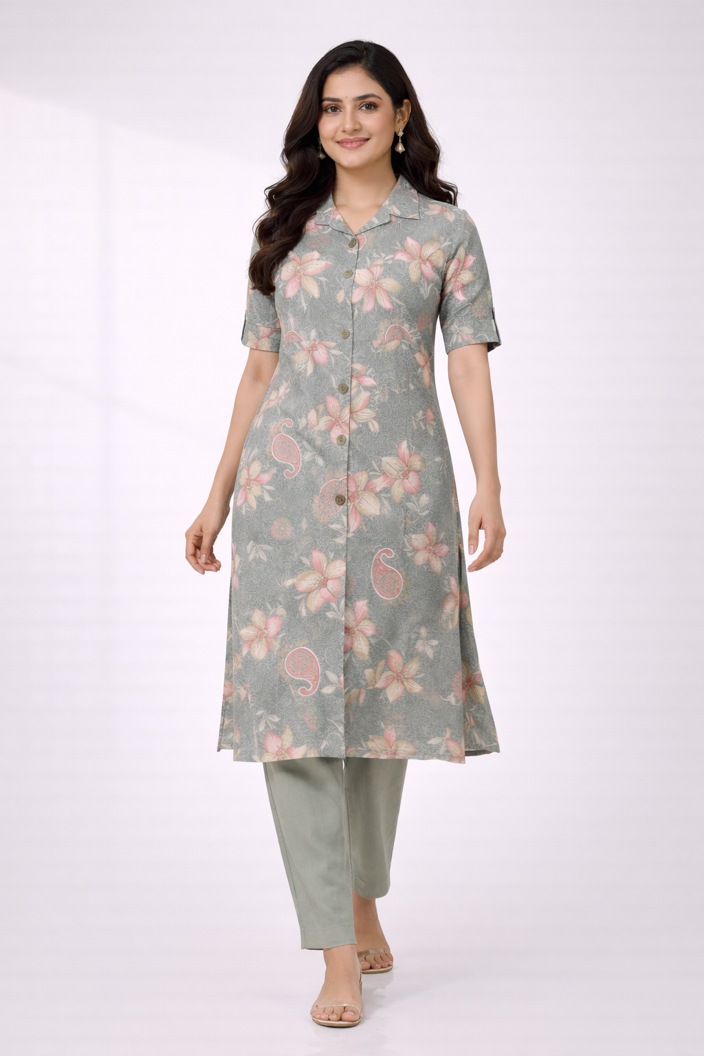 Grey Floral Printed Co-Ord Set – Collar Neck Straight Pant Casual Wear